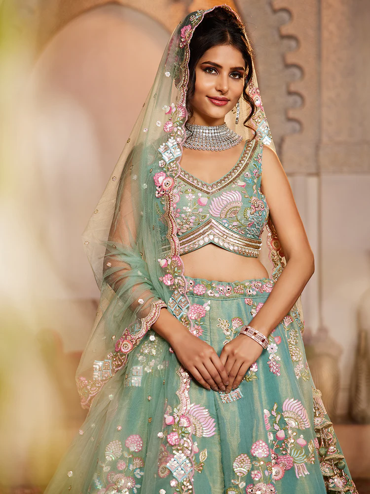 SEAGREEN - Net Fabric Sequinse Embroidery Semi-Stitched Lehenga Choli & Dupatta - Image 4